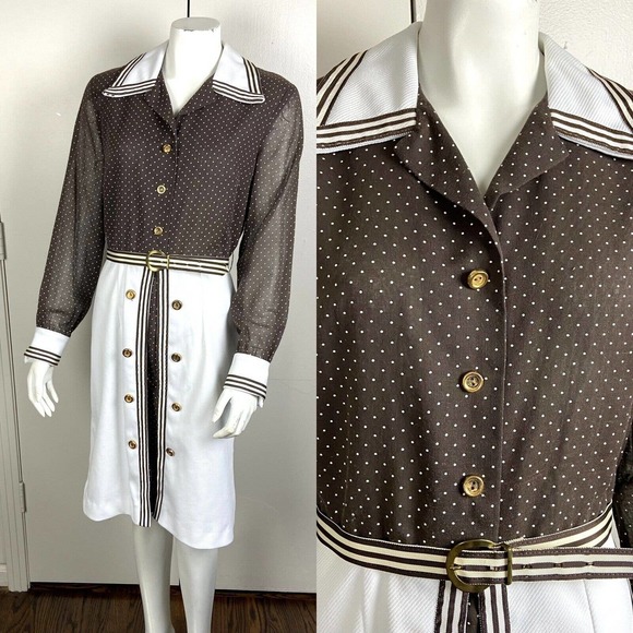 Unbranded Dresses & Skirts - Vintage 60s 70s Wide Collar Polyester Secretary Dress Mod Large L Polka Dot